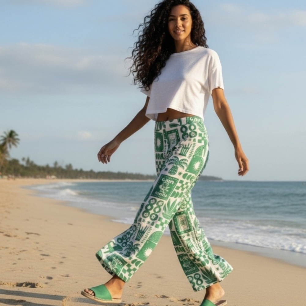 Blue Steel Brazilian Tropical Wide Leg Trouser Size G (W Lg 10-12) Green/White